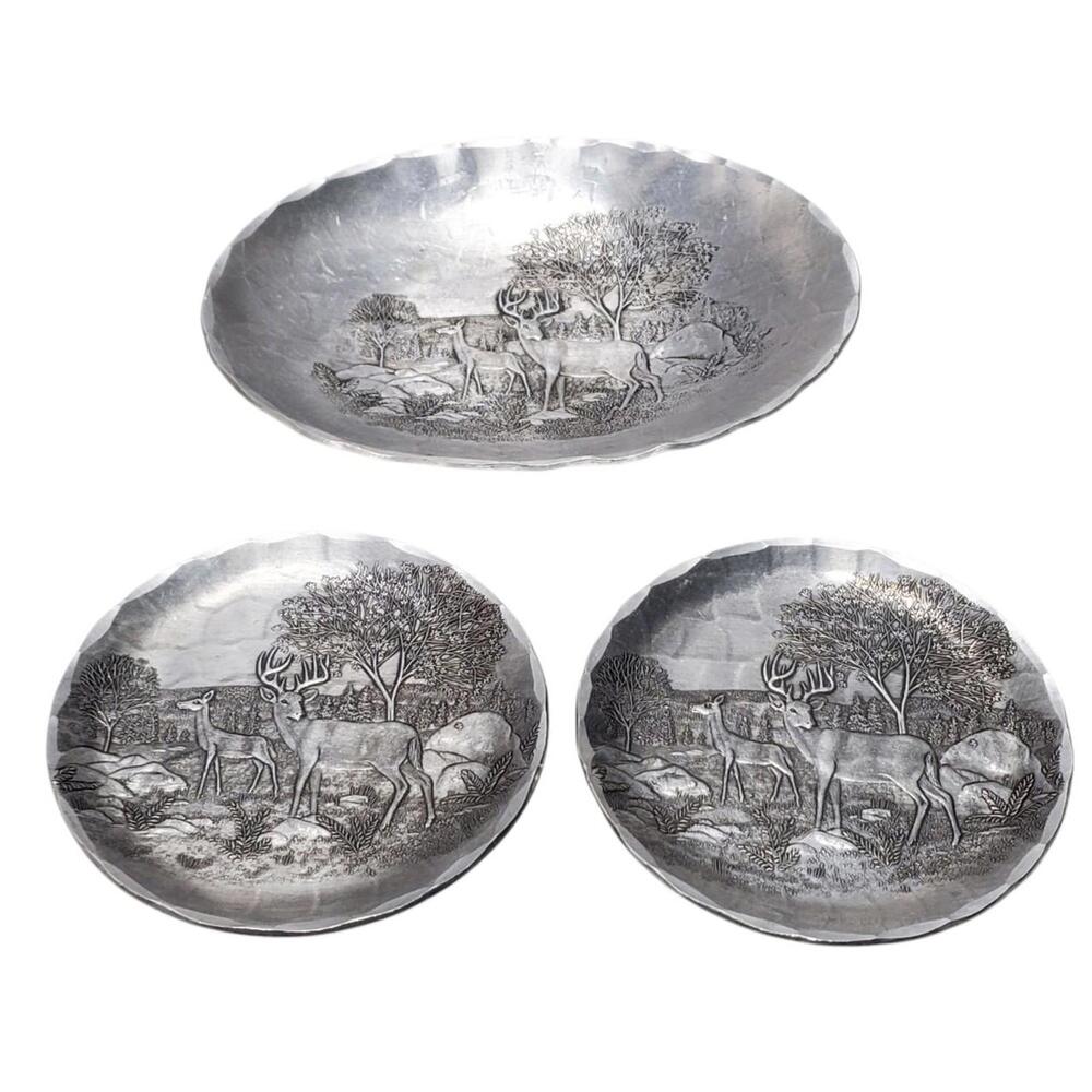 Wendell August Forge Hammered Aluminum Platter & Coasters Deer in Woods